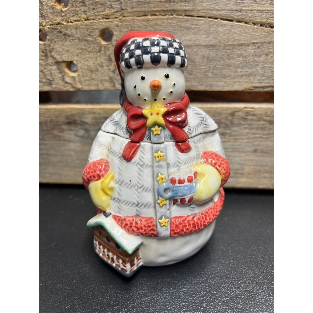 Debbie Mumm Boston Warehouse Snowman Sugar Bowl Ceramic Holiday Jar with Lid